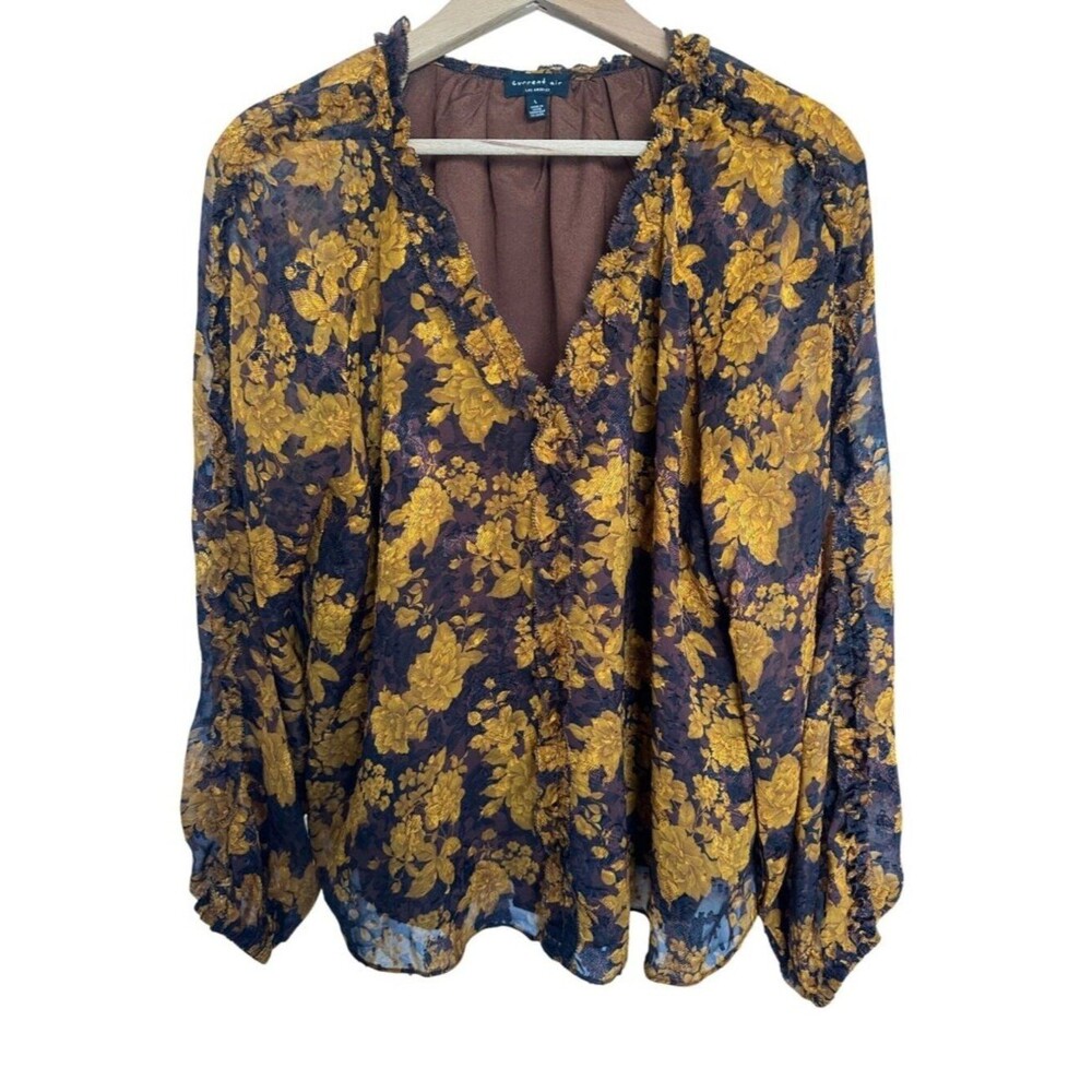 Current Air Womens LG Pleated Lace Blouse Brown Gold Dark Floral Boho